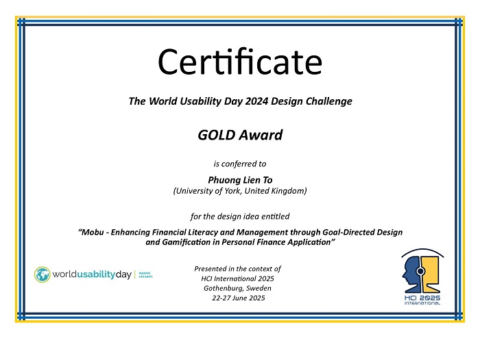Certificate for the GOLD 2024 World Usability Day (WUD) Design Challenge (DC) award. Details in text following the image. Certificate for the GOLD 2024 World Usability Day (WUD) Design Challenge (DC) award. Details in text following the image