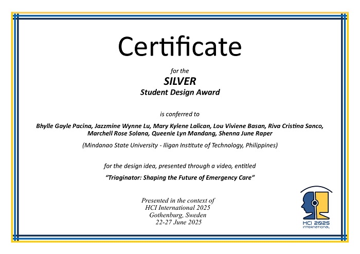 Certificate for the SILVER student design award. Details in text following the image. Certificate for the SILVER student design award. Details in text following the image