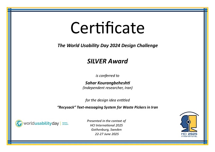 Certificate for the SILVER 2024 World Usability Day (WUD) Design Challenge (DC) award. Details in text following the image. Certificate for the SILVER 2024 World Usability Day (WUD) Design Challenge (DC) award. Details in text following the image