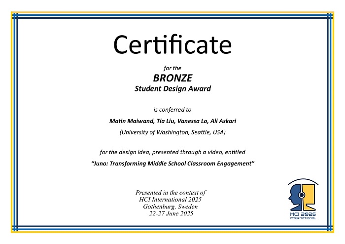 Certificate for the BRONZE student design award. Details in text following the image. Certificate for the BRONZE student design award. Details in text following the image