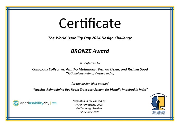 Certificate for the Honorary Mention 2024 World Usability Day (WUD) Design Challenge (DC) award. Details in text following the image. Certificate for the Honorary Mention 2024 World Usability Day (WUD) Design Challenge (DC) award. Details in text following the image