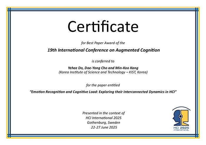Certificate for best paper award of the 19th International Conference on Augmented Cognition. Details in text following the image. Certificate for best paper award of the 19th International Conference on Augmented Cognition. Details in text following the image