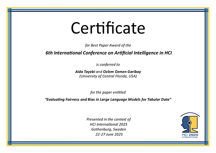 Certificate for best paper award of the 6th International Conference on Artificial Intelligence in HCI. Details in text following the image. Certificate for best paper award of the 6th International Conference on Artificial Intelligence in HCI. Details in text following the image
