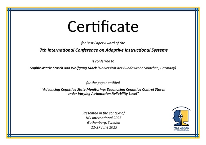 Certificate for best paper award of the 7th International Conference on Adaptive Instructional Systems. Details in text following the image. Certificate for best paper award of the 7th International Conference on Adaptive Instructional Systems. Details in text following the image