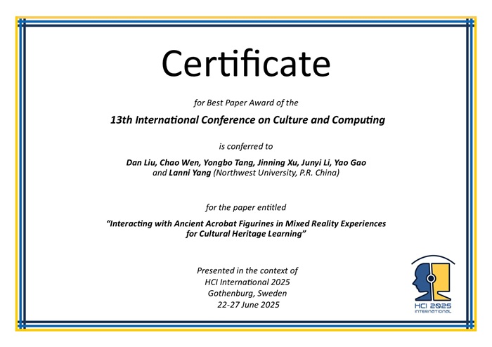 Certificate for best paper award of the 13th International Conference on Culture and Computing. Details in text following the image. Certificate for best paper award of the 13th International Conference on Culture and Computing. Details in text following the image