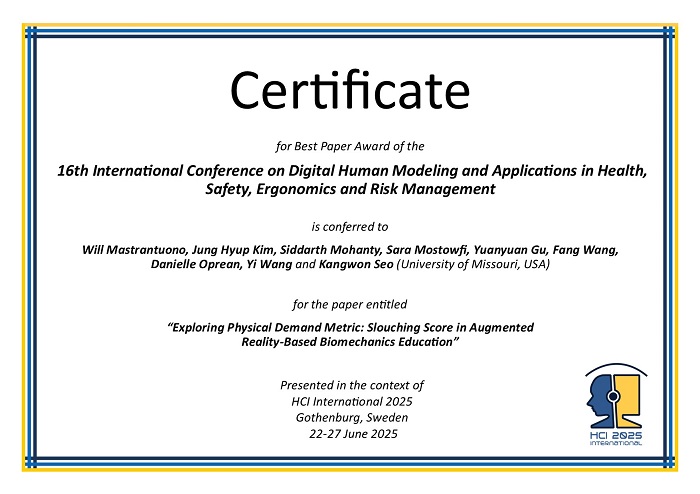 Certificate for best paper award of the 16th International Conference on Digital Human Modeling and Applications in Health, Safety, Ergonomics and Risk Management. Details in text following the image. Certificate for best paper award of the 16th International Conference on Digital Human Modeling and Applications in Health, Safety, Ergonomics and Risk Management. Details in text following the image