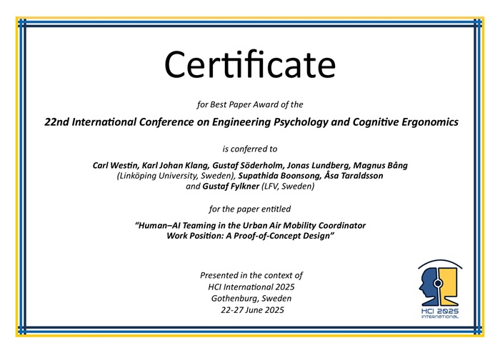 Certificate for best paper award of the 22nd International Conference on Engineering Psychology and Cognitive Ergonomics. Details in text following the image. Certificate for best paper award of the 22nd International Conference on Engineering Psychology and Cognitive Ergonomics. Details in text following the image