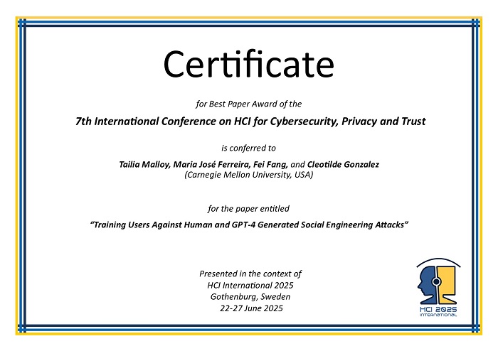Certificate for best paper award of the 7th International Conference on HCI for Cybersecurity, Privacy and Trust. Details in text following the image. Certificate for best paper award of the 7th International Conference on HCI for Cybersecurity, Privacy and Trust. Details in text following the image