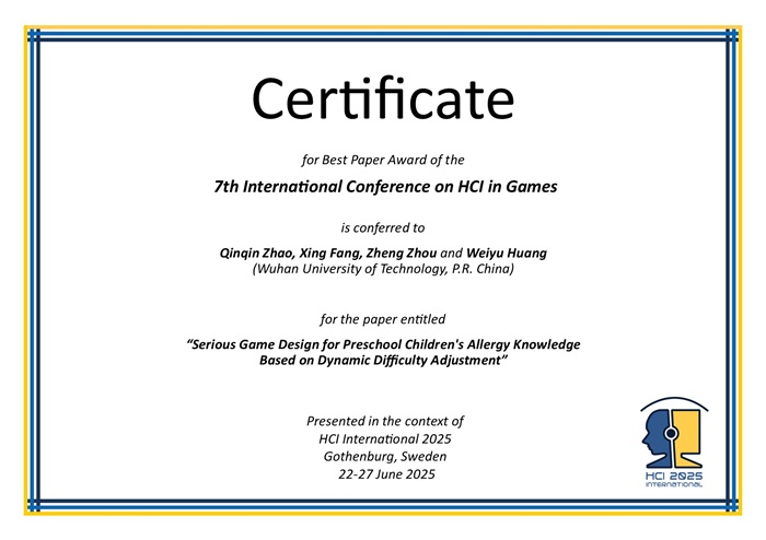 Certificate for best paper award of the 7th International Conference on HCI in Games. Details in text following the image. Certificate for best paper award of the 7th International Conference on HCI in Games. Details in text following the image