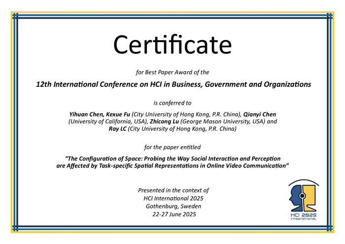 Certificate for best paper award of the 12th International Conference on HCI in Business, Government and Organizations. Details in text following the image. Certificate for best paper award of the 12th International Conference on HCI in Business, Government and Organizations. Details in text following the image