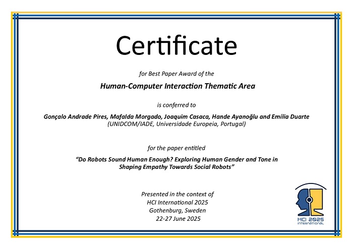 Certificate for best paper award of the Human-Computer Interaction Thematic Area. Details in text following the image. Certificate for best paper award of the Human-Computer Interaction Thematic Area. Details in text following the image
