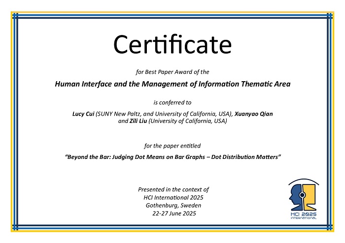 Certificate for best paper award of the Human Interface and the Management of Information Thematic Area. Details in text following the image. Certificate for best paper award of the Human Interface and the Management of Information Thematic Area. Details in text following the image