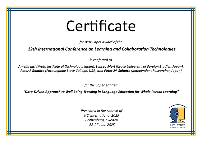 Certificate for best paper award of the 12th International Conference on Learning and Collaboration Technologies . Details in text following the image. Certificate for best paper award of the 12th International Conference on Learning and Collaboration Technologies . Details in text following the image
