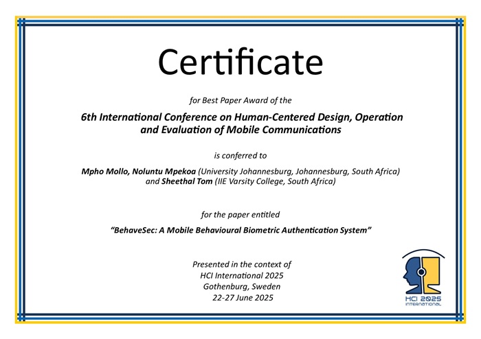 Certificate for best paper award of the 6th International Conference on Human-Centered Design, Operation and Evaluation of Mobile Communications. Details in text following the image. Certificate for best paper award of the 6th International Conference on Human-Centered Design, Operation and Evaluation of Mobile Communications. Details in text following the image