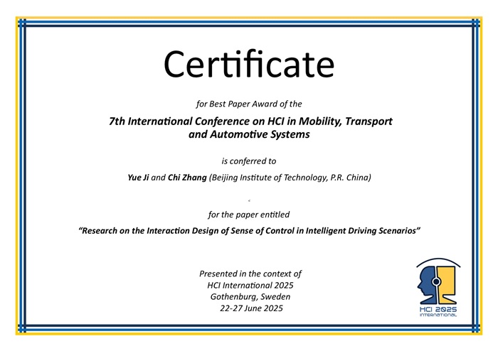 Certificate for best paper award of the 7th International Conference on HCI in Mobility, Transport and Automotive Systems. Details in text following the image. Certificate for best paper award of the 7th International Conference on HCI in Mobility, Transport and Automotive Systems. Details in text following the image