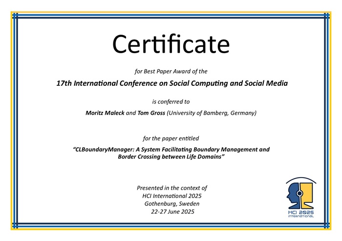 Certificate for best paper award of the 17th International Conference on Social Computing and Social Media. Details in text following the image. Certificate for best paper award of the 17th International Conference on Social Computing and Social Media. Details in text following the image