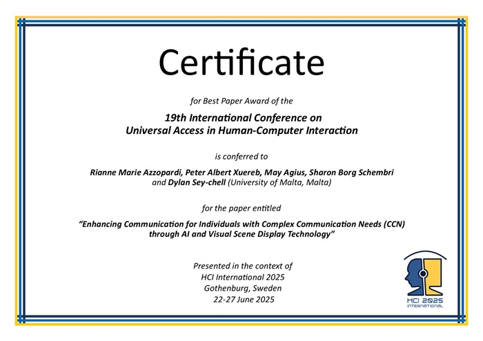 Certificate for best paper award of the 19th International Conference on Universal Access in Human-Computer Interaction. Details in text following the image. Certificate for best paper award of the 19th International Conference on Universal Access in Human-Computer Interaction. Details in text following the image