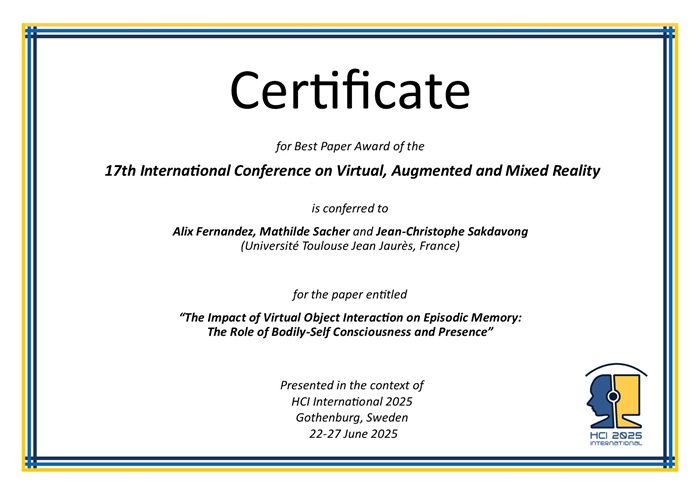 Certificate for best paper award of the 17th International Conference on Virtual, Augmented and Mixed Reality . Details in text following the image. Certificate for best paper award of the 17th International Conference on Virtual, Augmented and Mixed Reality . Details in text following the image