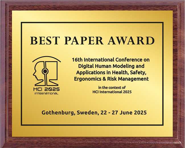 Digital Human Modeling and Applications in Health, Safety, Ergonomics and Risk Management Best Paper Award. Details in text following the image. Digital Human Modeling and Applications in Health, Safety, Ergonomics and Risk Management Best Paper Award. Details in text following the image.