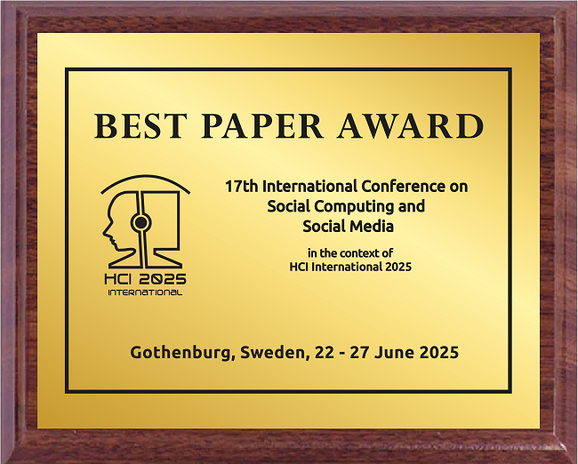 Social Computing and Social Media Best Paper Award. Details in text following the image. Social Computing and Social Media Best Paper Award. Details in text following the image.